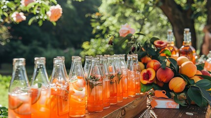 A decorative outdoor party drink station featuring small bottles filled with homemade peach lemonade. The setup provides a charming and refreshing beverage option for guests.