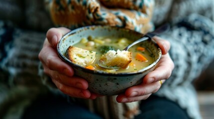 A person sits alone but fully present enjoying a simple meal of soup and bread taking in the warmth and comfort of each bite.