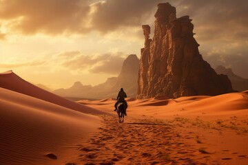 Lone rider on a camel traverses vast dunes with majestic rock formations at sunset