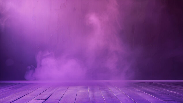 Purple misty background with wooden floor and copy space

