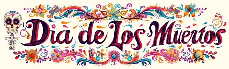 Dia de Los Muertos banner with colorful floral and skull designs. Day of the Dead banner features vibrant flowers and painted skulls. Concept of Mexican holiday, celebration, cultural tradition