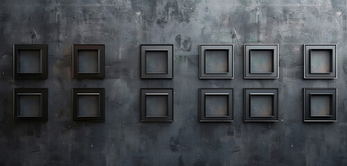 Structured and orderly wide perspective in an art gallery with a series of small square empty frames on a charcoal gray wall.