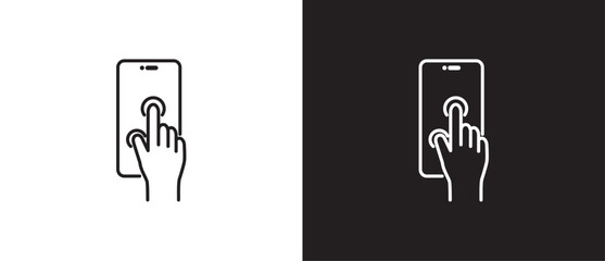 Two finger touch gesture icon on smart phone, mobile phone tuching and scrolling finger icon outline style, Tapping screen icon vector in black and white background. Editable strokes, Eps10.