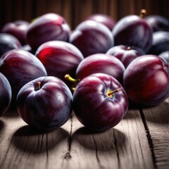 Obraz premium Fresh purple plum fruits on dark wooden table.