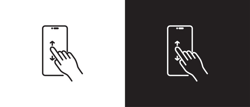Finger gesture icon scrolling smartphone screen, outline style of finger tuching and scrolling phone icon, tapping screen icon vector in black and white background. Editable strokes, Eps10.