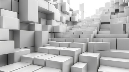  A series of white boxes aligned vertically in a room's center, illuminated from above by a single box
