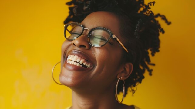 A person laughing with joy listening to a personal growth podcast that offers lighthearted and relatable insights on finding happiness and fulfillment.