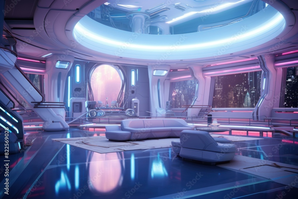 Poster modern sci-fi space station command center overlooking an advanced cityscape through a large window