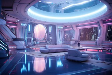 Modern sci-fi space station command center overlooking an advanced cityscape through a large window