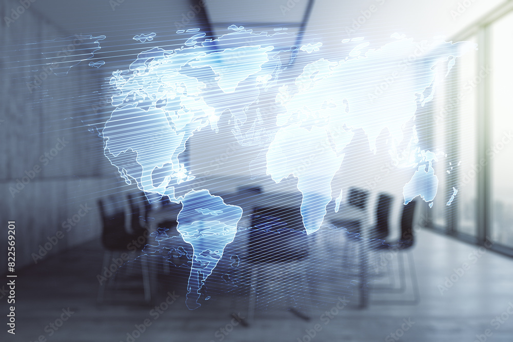 Poster multi exposure of abstract creative digital world map hologram on a modern meeting room background, 
