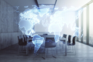 Multi exposure of abstract creative digital world map hologram on a modern meeting room background,...