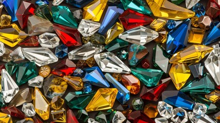  A tight shot of assorted colored diamonds in various shapes and sizes, piled atop one another, showcasing an array of distinct hues and forms