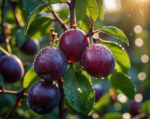 Ripe plums on a tree branch