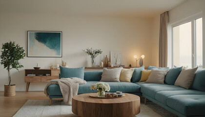 Fototapeta premium Bright and inviting modern living room with a blue sofa, wooden decor, and a peaceful ocean vista from the window