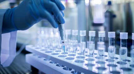 Fototapeta premium Scientist in blue gloves uses pipette to transfer samples for DNA testing. Lab technician loads samples for DNA amplification into plastic strip tubes.