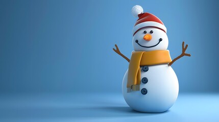 Fototapeta premium 3D Snowman with Scarf and Hat on Blue Background