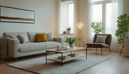 Minimalist living room with a cozy sofa, floor lamp, houseplants, and neutral colors for a contemporary and stylish home atmosphere
