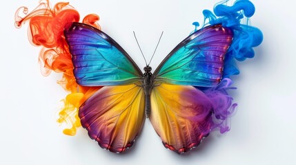  A vibrant butterfly exhibits blue, yellow, red, orange, and pink smoke trails from its wings against a pristine white backdrop Ample space reserved for text insertion