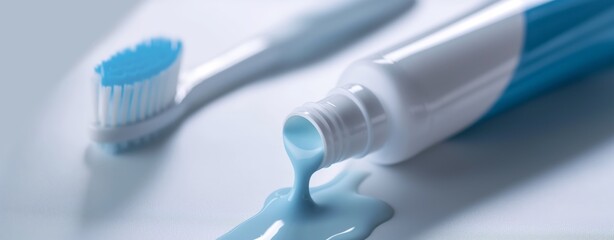 Close-up image of a toothbrush and tube of toothpaste, with toothpaste spilling out, highlighting the importance of oral care against a soft blue background