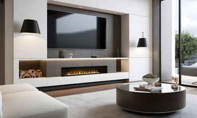 Stylish modern living room with a sleek fireplace, wall-mounted flat screen tv, and elegant round coffee table