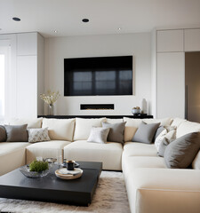 Fototapeta premium Contemporary living room boasting a cozy beige sofa, sleek fireplace, and stylish accents, exuding comfort and sophistication in a neutral palette