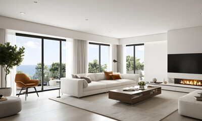 Fototapeta premium Elegant and expansive living room with luxurious furnishings and breathtaking ocean view from panoramic windows