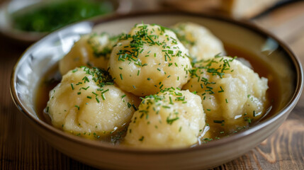 Authentic czech cuisine, delicious dumplings sprinkled with fresh herbs in a serving bowl, epitomizing central european comfort food