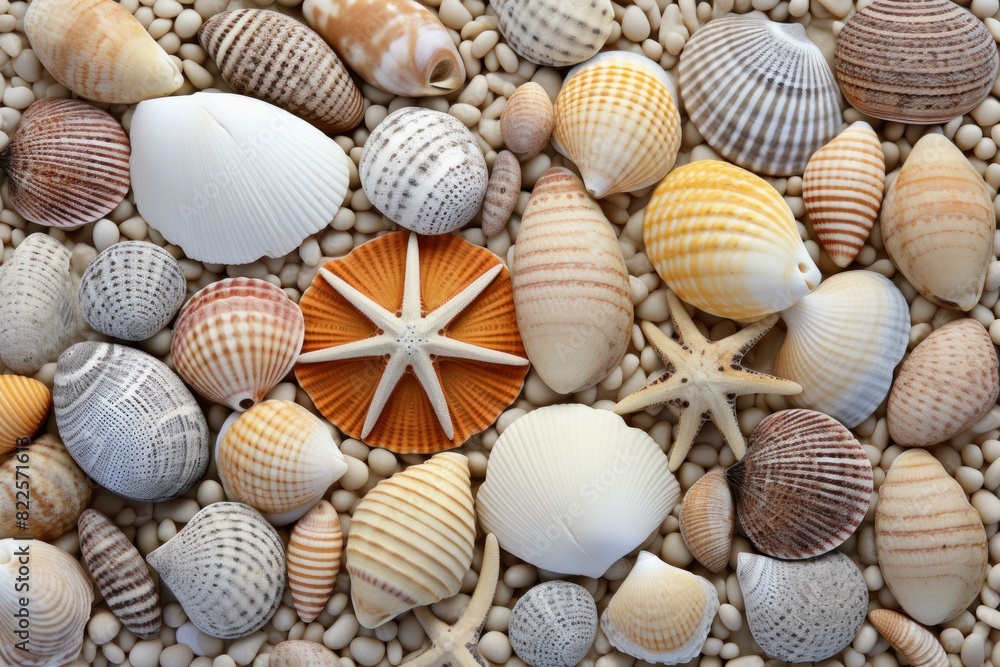 Poster top view of a diverse collection of seashells and starfish arranged on sandy texture