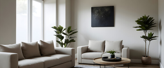 Contemporary living room design featuring a neutral color palette, cozy sofa, plants, and abstract wall art for a minimalistic aesthetic