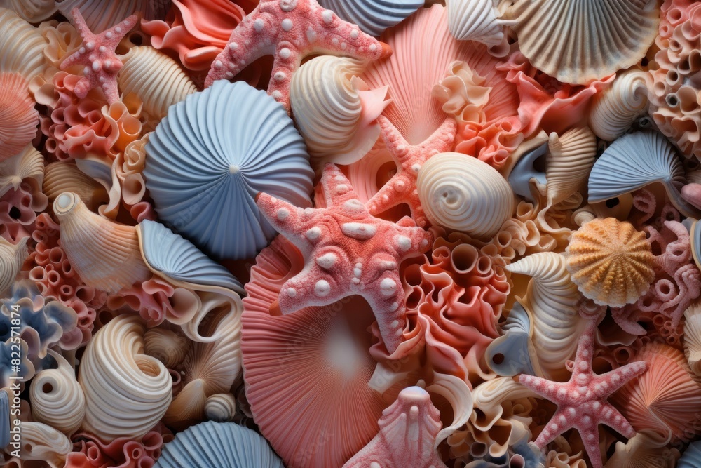 Poster vivid collection of various sea shells and starfish in a close-up view