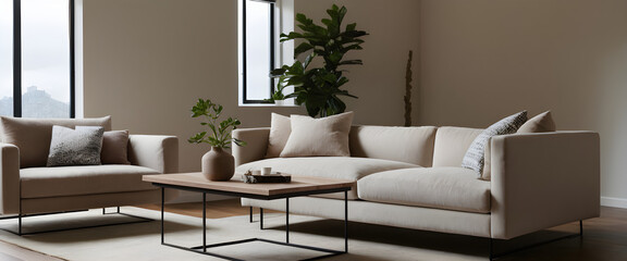 Contemporary living room design featuring an elegant beige sofa, stylish coffee table, and serene ambiance enhanced by decorative indoor plants