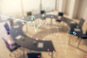 Abstract virtual concept of heart pulse illustration on a modern conference room background....