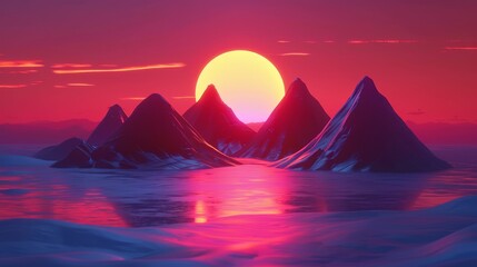  A sunset over a mountain range, situated in the heart of a water body Mountains line the scene in the middle ground