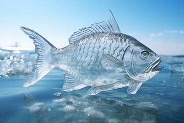Crystal clear ice carving of a fish against a sparkling blue water backdrop - Powered by Adobe
