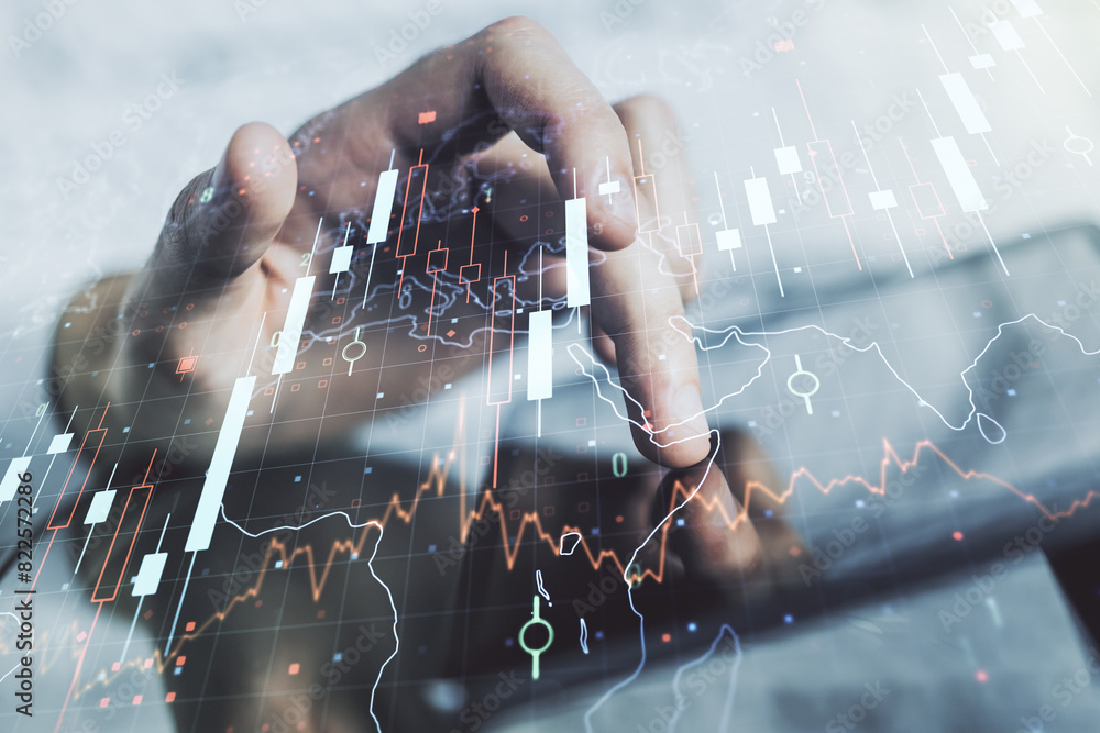 Poster double exposure of abstract creative financial diagram with world map and with finger clicks on a di