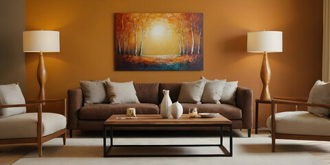 Contemporary living room decor with a cozy brown couch, abstract artwork, wooden coffee table, and stylish warm-lit table lamps