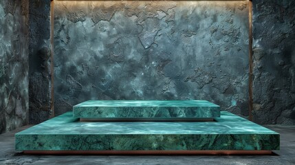  A set of green marble steps faces a textured stone wall On one side, a mirror is mounted; on the other, a light is placed
