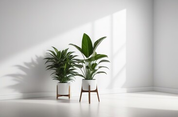 Minimalism, green plant on a white wall with a shadow