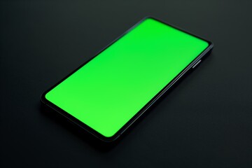 Modern smartphone with a vibrant green screen for chroma key compositing lies diagonal on a dark, textured surface, ideal for technology apps and design mockups