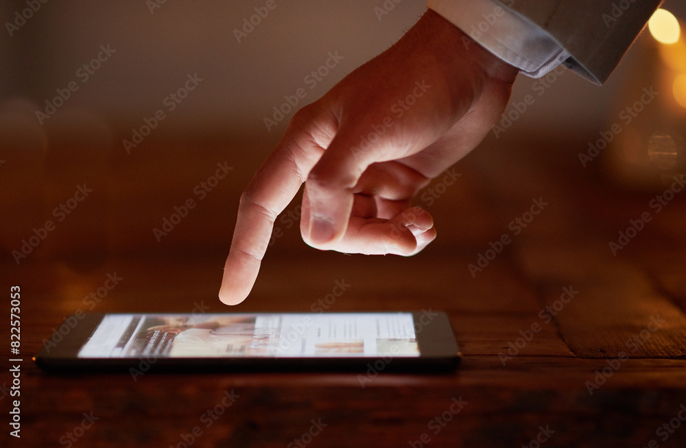 Aufkleber Hand, tablet and business person with click, reading and check notification in night with overtime in office. Employee, digital touchscreen and scroll for research, creativity and ux at media agency