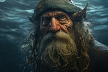 Naklejka premium The enigmatic and mystical sea wizard portrait capturing the wise and ancient sorcerer with a textured beard and dramatic costume in a mysterious and magical oceanic atmosphere