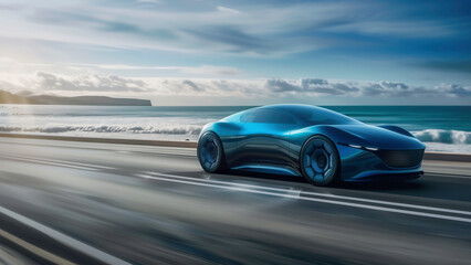 EV electric blue car with newly invented future modern car shape driving on a highway along the sea coast. 