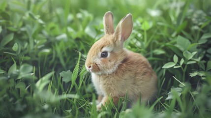 Fototapeta premium adorable baby rabbit sitting in lush green grass aigenerated cute animal portrait