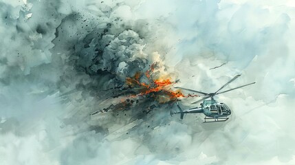 Helicopter on fire. Burning chopper with aquarelle splashes. Concept of aviation, danger, emergency, dramatic scene, catastrophe, explosion, incident. Watercolor illustration