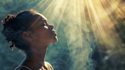 african american woman praying with faith gods light shining down spiritual devotion concept photo