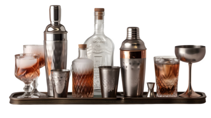Bartender's Setup with Cocktail Shaker and Drink Glass for Mixology Creations, Isolated on White, Transparent Background, PNG File, Hand Edited Generative AI