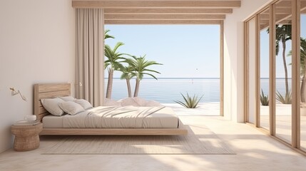 Luxury house on the island. Minimalist bedroom interior of a Mediterranean-style house with access to the sea. Inside view.