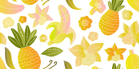 Pineapples, bananas, vanilla. Linocut style. Tropical exotic pattern. Texture gradient vector elements..