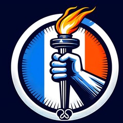 An Olimpic Torch Logo With Red, White, and Blue Swirls on Gray Background