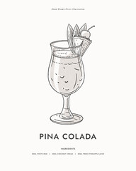 Pina Colada. Alcoholic cocktail decorated with slice of pineapple, berry and leaves. Summer refreshing cocktail with coconut. Illustration for drinks cards, bar and wedding menus, website graphics.